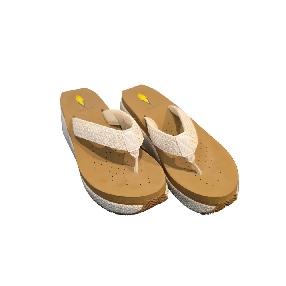 Volatile Womens Platform Wedge Chunky Thong Sandals Tan Off White Woven Size 9 - Picture 3 of 10